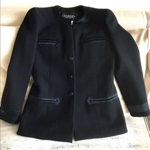 Chanel timeless black wool cardigan w/silk trim.